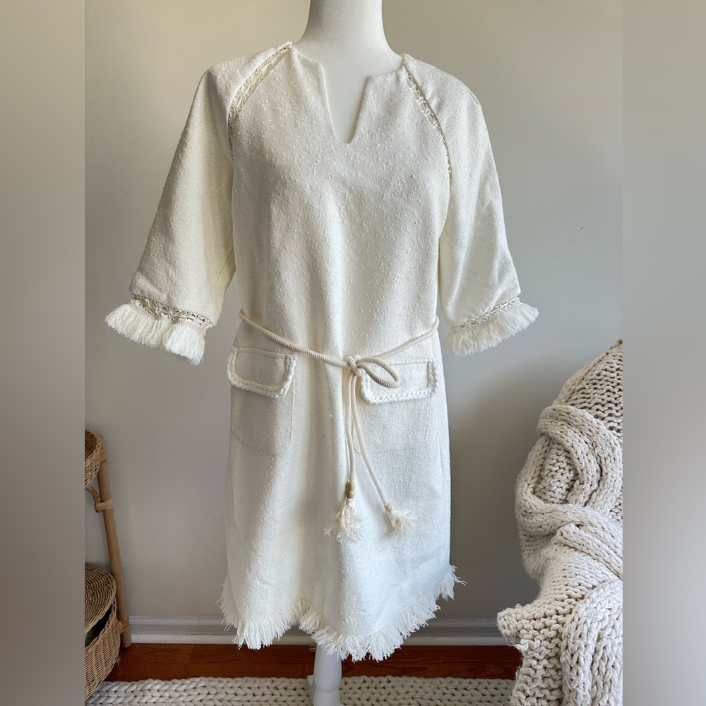 Elegant Cream Textured Dress with Fringe Details
